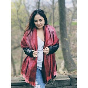 Burgundy Alpaca Shawl Handmade | Large Red Striped Scarf